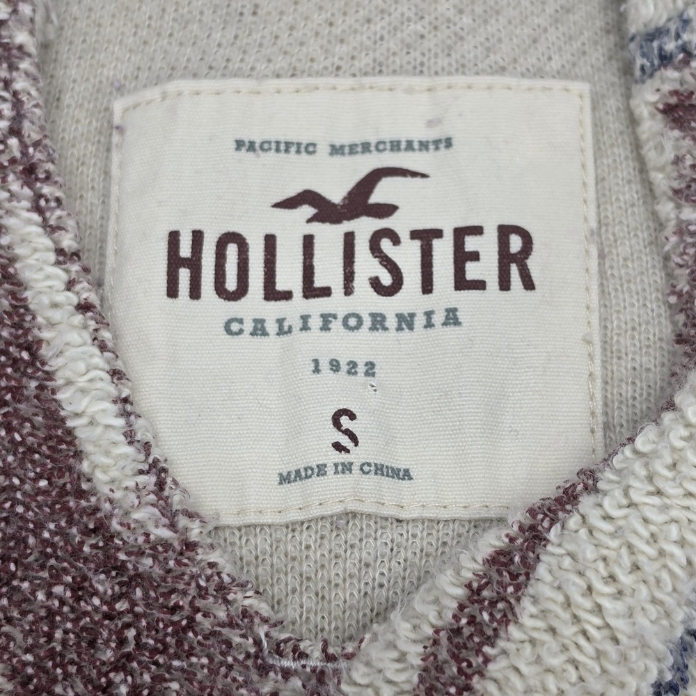 Hollister California Mens Baja Hoodie Small Burgundy Cream Striped Pullover - Picture 2 of 9